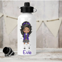 Load image into Gallery viewer, Personalised Girl&#39;s Water Bottle, Back to School Water Bottle, Stainless Steel Bottle with Custom Girl Character in Purple School Uniform.
