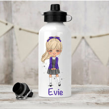 Load image into Gallery viewer, Personalised Girl&#39;s Water Bottle, Back to School Water Bottle, Stainless Steel Bottle with Custom Girl Character in Purple School Uniform.
