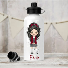 Load image into Gallery viewer, Personalised Girl&#39;s Water Bottle, Back to School Water Bottle, Stainless Steel Bottle with Custom Girl Character in Burgundy School Uniform.
