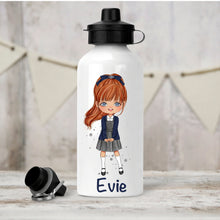 Load image into Gallery viewer, Personalised Girl&#39;s Water Bottle, Back to School Water Bottle, Stainless Steel Bottle with Custom Girl Character in Navy School Uniform.
