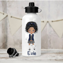 Load image into Gallery viewer, Personalised Girl&#39;s Water Bottle, Back to School Water Bottle, Stainless Steel Bottle with Custom Girl Character in Navy School Uniform.
