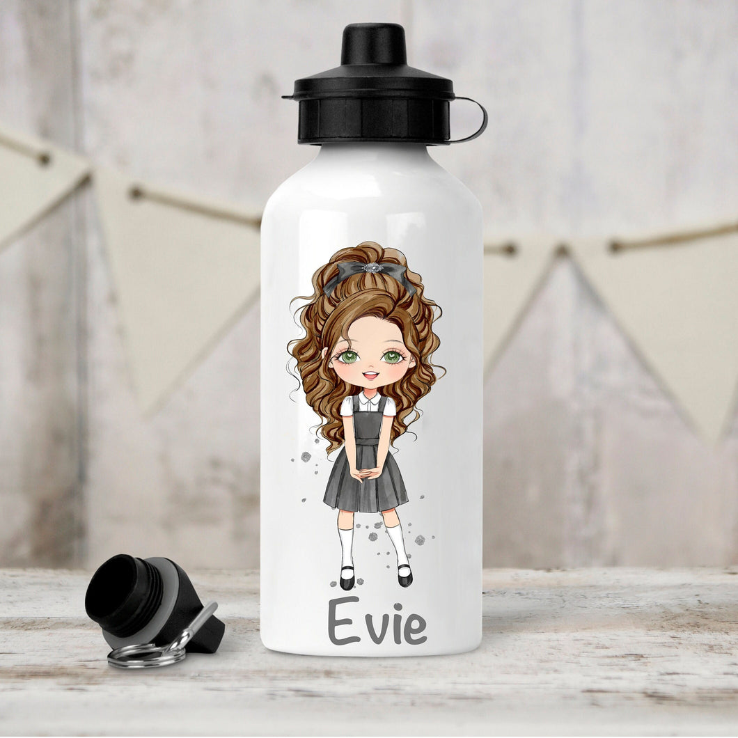 Personalised Girl's Water Bottle, Back to School Water Bottle, Stainless Steel Bottle with Custom Girl Character in Grey School Uniform.