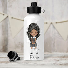 Load image into Gallery viewer, Personalised Girl&#39;s Water Bottle, Back to School Water Bottle, Stainless Steel Bottle with Custom Girl Character in Grey School Uniform.
