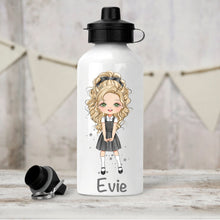 Load image into Gallery viewer, Personalised Girl&#39;s Water Bottle, Back to School Water Bottle, Stainless Steel Bottle with Custom Girl Character in Grey School Uniform.
