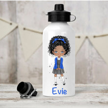 Load image into Gallery viewer, Personalised Girl&#39;s Water Bottle, Back to School Water Bottle, Stainless Steel Bottle with Custom Girl Character in Blue School Uniform.
