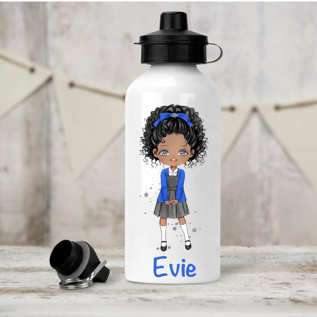 Personalised Girl's Water Bottle, Back to School Water Bottle, Stainless Steel Bottle with Custom Girl Character in Blue School Uniform.