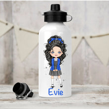 Load image into Gallery viewer, Personalised Girl&#39;s Water Bottle, Back to School Water Bottle, Stainless Steel Bottle with Custom Girl Character in Blue School Uniform.
