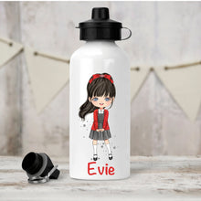 Load image into Gallery viewer, Personalised Girl&#39;s Water Bottle, Back to School Water Bottle, Stainless Steel Bottle with Custom Girl Character in Red School Uniform.
