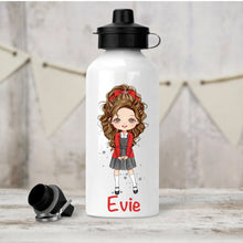 Load image into Gallery viewer, Personalised Girl&#39;s Water Bottle, Back to School Water Bottle, Stainless Steel Bottle with Custom Girl Character in Red School Uniform.
