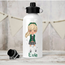 Load image into Gallery viewer, Personalised Girl&#39;s Water Bottle, Back to School Water Bottle, Stainless Steel Bottle with Custom Girl Character in Green School Uniform.
