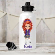 Load image into Gallery viewer, Personalised Girl&#39;s Water Bottle, Back to School Water Bottle, Stainless Steel Bottle with Custom Girl Character in Purple School Uniform.
