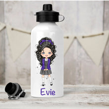 Load image into Gallery viewer, Personalised Girl&#39;s Water Bottle, Back to School Water Bottle, Stainless Steel Bottle with Custom Girl Character in Purple School Uniform.
