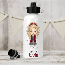 Load image into Gallery viewer, Personalised Girl&#39;s Water Bottle, Back to School Water Bottle, Stainless Steel Bottle with Custom Girl Character in Burgundy School Uniform.
