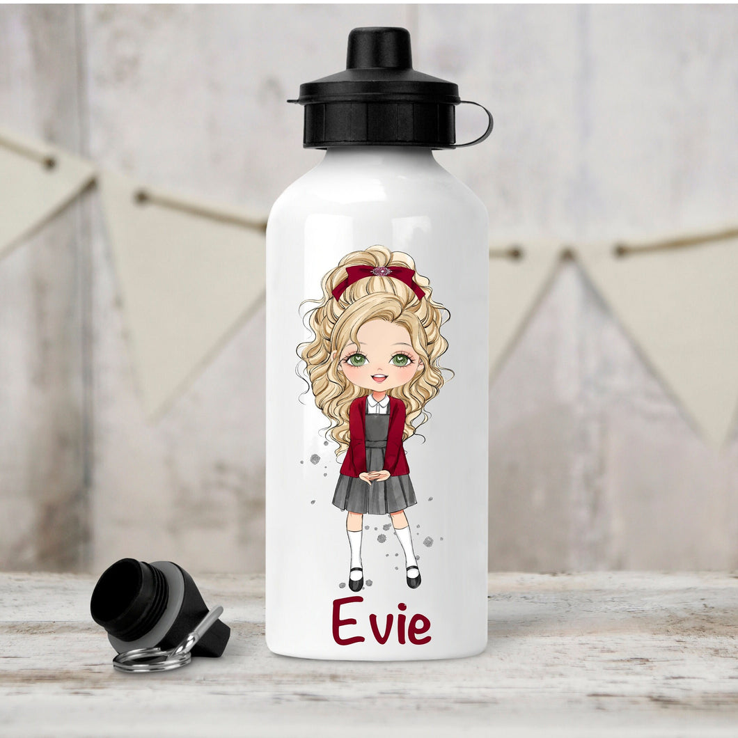 Personalised Girl's Water Bottle, Back to School Water Bottle, Stainless Steel Bottle with Custom Girl Character in Burgundy School Uniform.