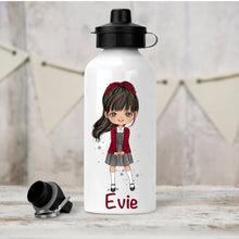 Load image into Gallery viewer, Personalised Girl&#39;s Water Bottle, Back to School Water Bottle, Stainless Steel Bottle with Custom Girl Character in Burgundy School Uniform.
