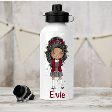 Load image into Gallery viewer, Personalised Girl&#39;s Water Bottle, Back to School Water Bottle, Stainless Steel Bottle with Custom Girl Character in Burgundy School Uniform.
