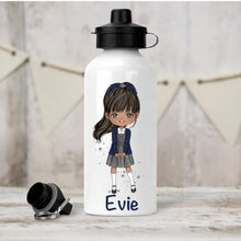 Load image into Gallery viewer, Personalised Girl&#39;s Water Bottle, Back to School Water Bottle, Stainless Steel Bottle with Custom Girl Character in Navy School Uniform.
