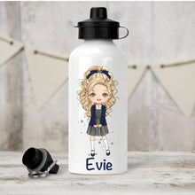 Load image into Gallery viewer, Personalised Girl&#39;s Water Bottle, Back to School Water Bottle, Stainless Steel Bottle with Custom Girl Character in Navy School Uniform.
